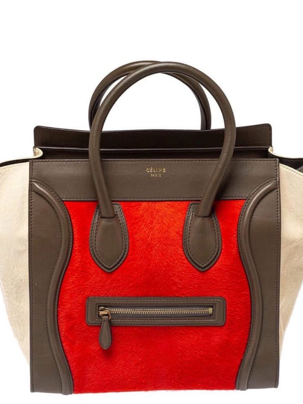 Celine Paris Tricolor Mini Pony Hair and Leather Luggage Tote - Red NEW